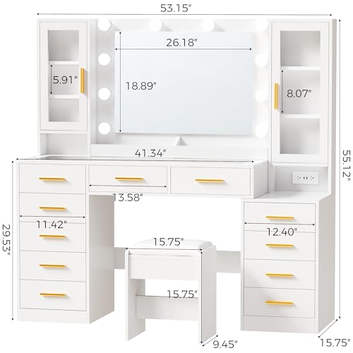 53.15" Large Glass Top Vanity Desk with Mirror and Lights, White, view 3