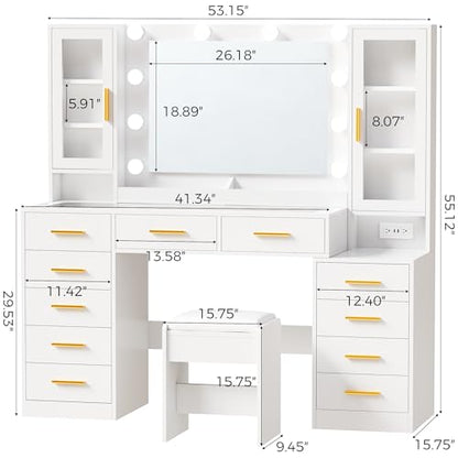 53.15" Large Glass Top Vanity Desk with Mirror and Lights, White, view 3
