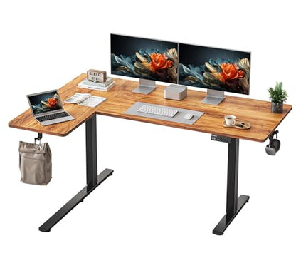 Reversiable L-Shaped Electric Standing Desk, 59 Inches Stand Up Corner Desk, Sit and Stand Up for Work Office Home, Ergonomic Rising Computer Table with Splice Board, Rustic Brown
