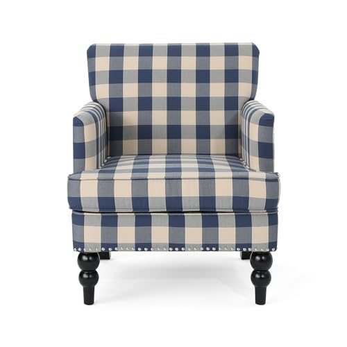 Eve Modern Upholstered Club Chair, Wooden Living Room Accent Chair, Comfy Bedroom Reading Chair, Multifunctional Armchair, Blue Checkerboard