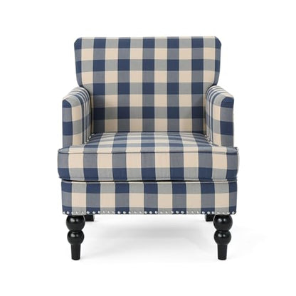 Eve Modern Upholstered Club Chair, Wooden Living Room Accent Chair, Comfy Bedroom Reading Chair, Multifunctional Armchair, Blue Checkerboard