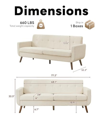 77.2" W Linen Sofa Couch, Mid Century Modern Decor Loveseat Couches for Living Room, Button Tufted Upholstered Small Couch for Bedroom, Solid, and Easy to Install Love Seats Furniture, Beige