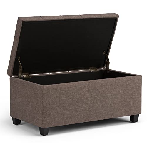 Sienna Storage Ottoman Bench - 33 inch Wide Upholstered Linen Look Fabric Rectangle Storage Ottoman Bench in Tanners Brown, Transitional Tufted Ottoman for Living Room with Lift Top