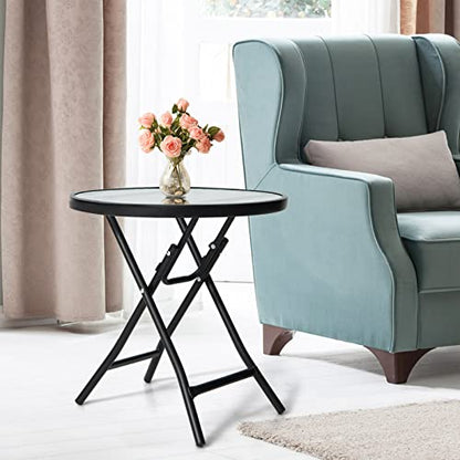 Outdoor Side Table, Folding Small Patio Table with Tempered Glass Tabletop, Steel Frame, Round Outdoor End Table with Anti-Slip Footpads for Balcony Garden Backyard Deck Poolside