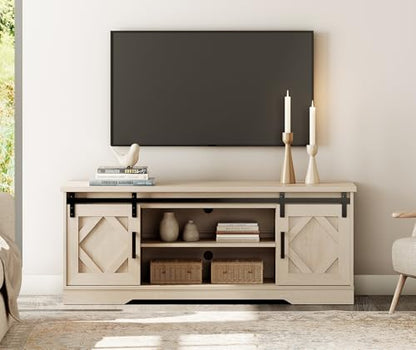 23.6"H Farmhouse TV Stand for 65" TV with Barn Doors& Hidden Storage | 59.1" W Rustic Country-Style TV Cabinet with Smooth Barn Door Slides,Holds 100+ CDs,Height-Adjustable Media Shelf