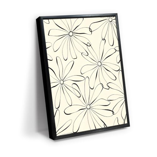 Black Line Daisy Flower Pattern Wall Art Canvas Print, minimal floral line art artwork in black and cream for bedroom, bedroom, office, apartment, modern farmhouse, and cozy(24x36Inch,Black Framed