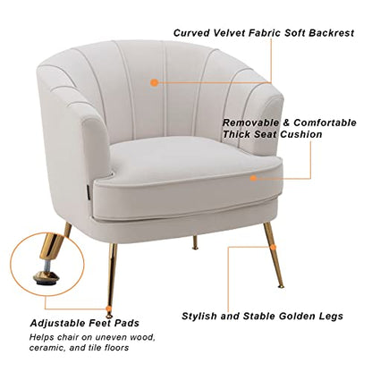 Modern Velvet Barrel Chair Accent Armchair with Golden Legs for Living Room Bedroom Home Office, Channel Tufted Back Club Chair, Beige White Cream