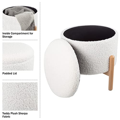 Round Sherpa Storage Ottoman Pouf with Removable Lid – Plush Couch Footrest & Hidden Organizer for Small Spaces, Dorm or Living Room by (White)