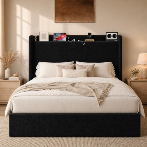 Queen Bed Frame with Chenille Storage Headboard and USB, Black, view 2
