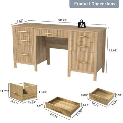 Fluted Executive Desk with Drawers: 60" Oak Home Office Desks with File Drawers, Modern Computer Desk with Gold Handles, Writing Table for Study, Living Room (Oak, 60")