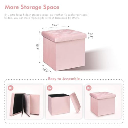 Storage Ottoman Cube, Velvet Tufted Folding Ottomans with Lid, Footstool Rest Padded Seat for Bedroom (Pink, Medium)