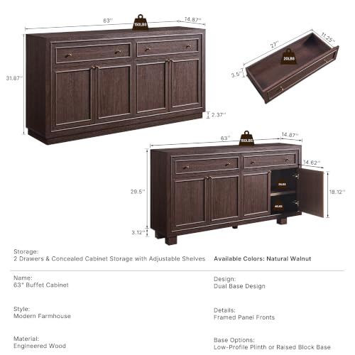63" Modern Farmhouse Buffet Cabinet with Storage, Natural Walnut, view 3