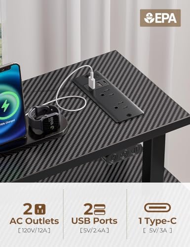 Computer Desk with Power Outlets & LED Light, 39 inch Home Office Desk with 3 Drawers and Storage Shelves, Writing Desk with Monitor Stand, Modern Work Desk for Home Office, Carbon Black