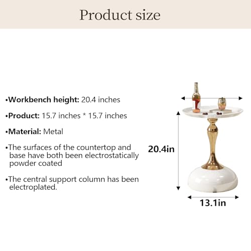 Small White Round Side Table with Gold Pedestal Base - Modern Chic Accent End Table for Living Room, Bedroom & Office Spaces