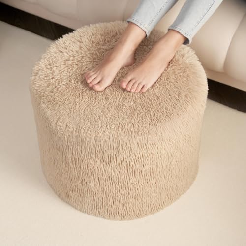 Round Pouf Ottoman Foot Rest, Footstool, Brown | High-Density One-Piece Foam, 17 x 14 Inch, Firm & Stable, for Couch, Bedroom, Living Room, Machine Washable Cover
