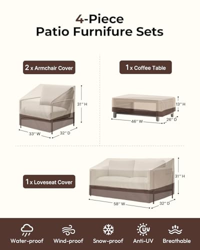 Patio Furniture Cover Set, 4 Piece Outdoor Furniture Cover Waterproof, 600D Heavy Duty Lawn Patio Set Covers