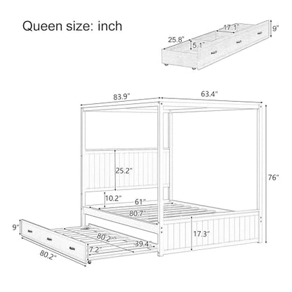 Queen Size Wood Canopy Bed Frame with Trundle & Drawer for Bedroom, Natural, view 3