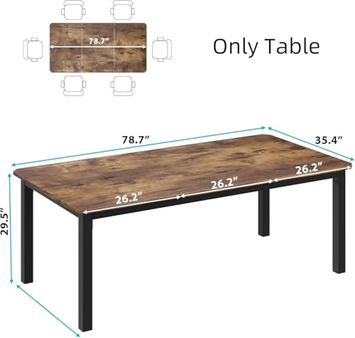 Industrial Dining Table for 6-8 People, 78.7" Long Kitchen Table with Sturdy Metal Frame & Seats 6 Rectangular Counter for Dinner, Kitchen, Office Desk (Only Table)