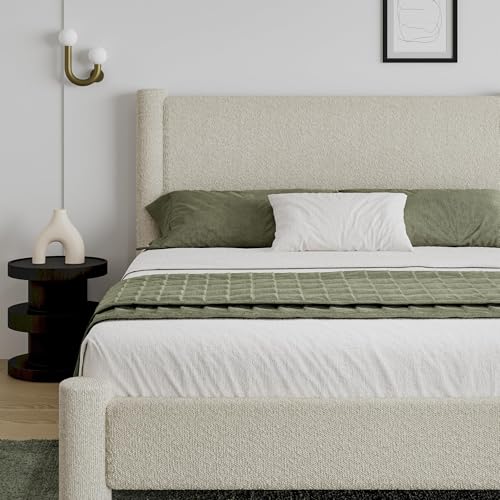Queen Boucle Bed Frame with Headboard & Footboard, Cream, view 4
