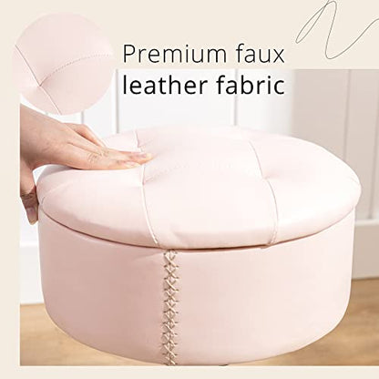 360°Swivel Vanity Stool Chair for Makeup Room, Height Adjustable Stool for Vanity with Storage, Small Pink Faux Leather for Bathroom, Living Room