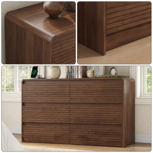 55" W Walnut Fluted 6-Drawer Dresser for Bedroom w/Power Outlet, view 7