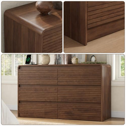 55" W Walnut Fluted 6-Drawer Dresser for Bedroom w/Power Outlet, view 7