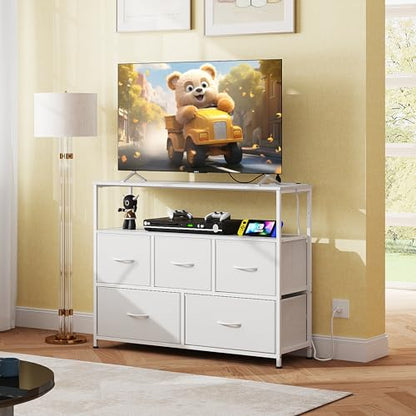 White Dresser for Bedroom with 5 Drawers，Fabric Dresser with Charging Station, view 5