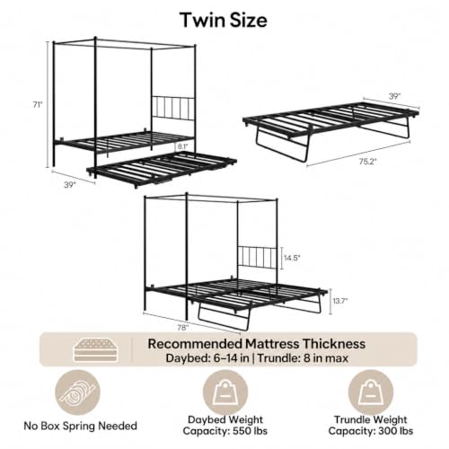 Twin Daybed with Trundle, Canopy Bed with Pop Up Trundle, Black, view 3