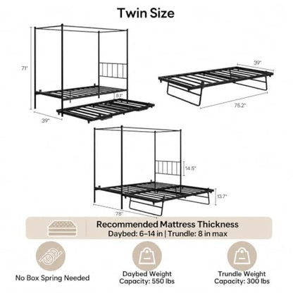 Twin Daybed with Trundle, Canopy Bed with Pop Up Trundle, Black, view 3