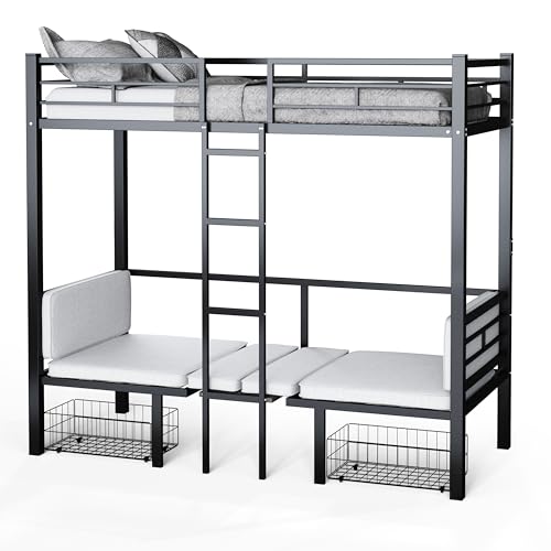 Full Size Loft Bed with Drawer and Desk & Table Sets Transformable for Bedroom,Dormitory,Living Room,Metal Sturdy Bed Frame w/Full-Length Guardrails,Full Over Full Bunk Bed,Black