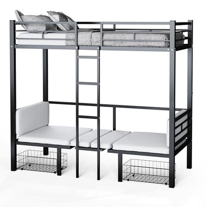 Full Size Loft Bed with Drawer and Desk & Table Sets Transformable for Bedroom,Dormitory,Living Room,Metal Sturdy Bed Frame w/Full-Length Guardrails,Full Over Full Bunk Bed,Black