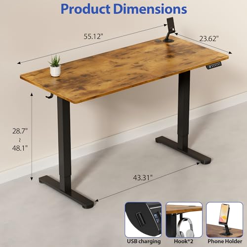 Height Adjustable Electric Standing Desk, 55 x 24 Inches Memory Home Office Sit Stand up Desk with Phone Holder and USB Charging Port, Rustic Brown
