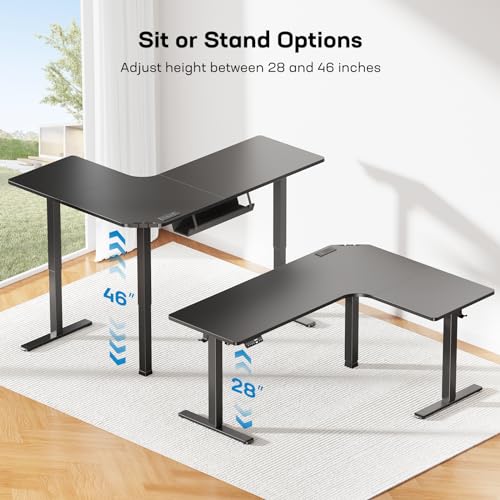 63″ L-Shaped Standing Desk, Built-in Power Outlets, Electric Height Adjustable Corner Computer Desk, Large Power Strip Holder, Sit Stand Up Desk with 3 Preset Heights, Black