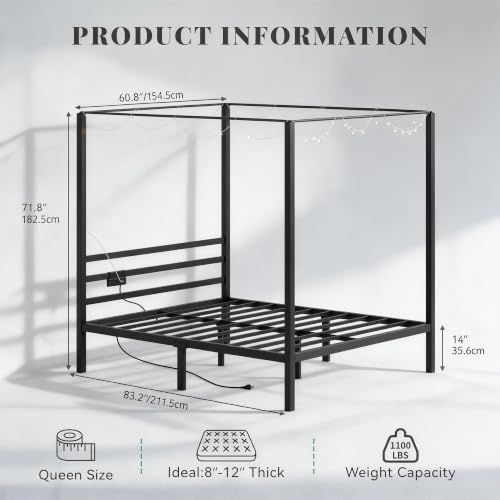 Canopy Bed Frame Metal Four Posters, Queen Size, view 3