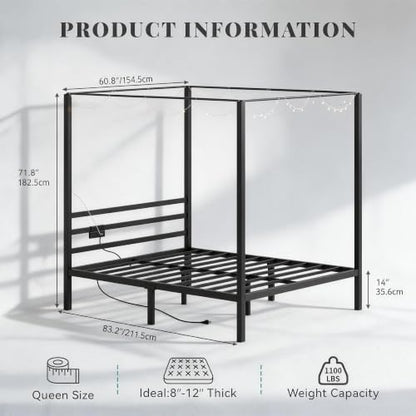 Canopy Bed Frame Metal Four Posters, Queen Size, view 3