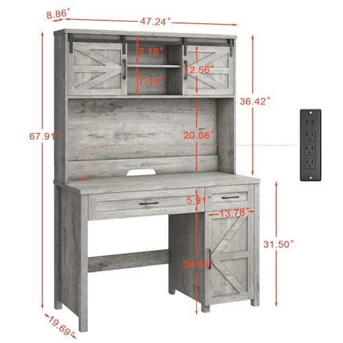 Farmhouse 47" Computer Desk with Hutch, Workstation, Grey, view 3