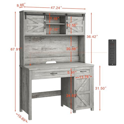 Farmhouse 47" Computer Desk with Hutch, Workstation, Grey, view 3