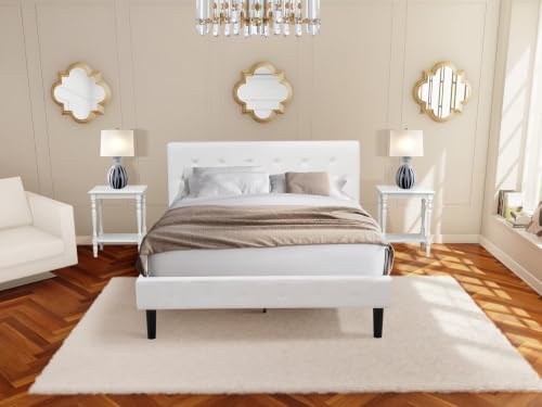 NL19Q-2BF14 3 Piece Queen Size Bedroom Set - Button Tufted Bed frame with Button Tufted - Linen white Velvet Fabric Upholstered Headboard and an Urban Gray Finish Nightstand