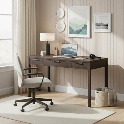 Hollander Desk - 60 Inch Wide Solid Wood Writing Desk in Dark Brown Walnut, Contemporary Home Office Computer Table for Workspace or Study with 2 Drawers and Flip-Down Keyboard Tray