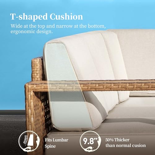 L Shaped Patio Furniture, Outdoor Sectional Sofa with 10''Ultra-Thick Cushions, Yellow Rattan Wicker Patio Conversation Set, Low Profile Lawn Garden Backyard Furniture