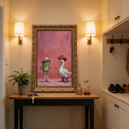 Whimsical Pink Cowboy Frog and Duck Poster Cute Western Animal Wall Art | Funny Trendy Cowgirl Aesthetic Picture Cozy Room Vibe Mood Booster Decor