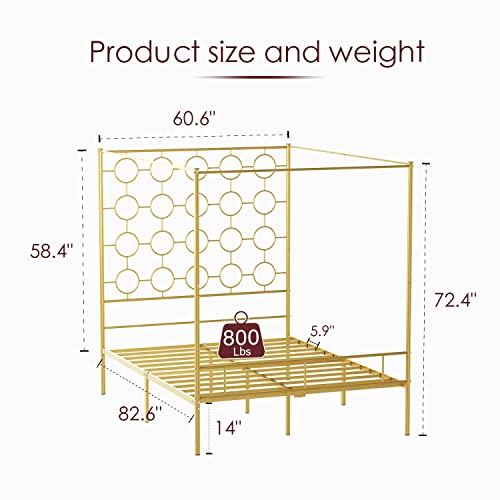 Gold Metal Canopy Bed Frame Queen/Mattress Foundation with Steel Slat, view 3