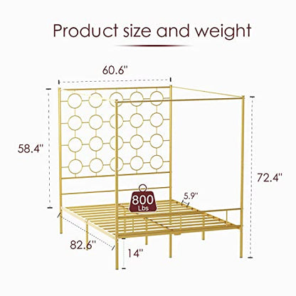Gold Metal Canopy Bed Frame Queen/Mattress Foundation with Steel Slat, view 3