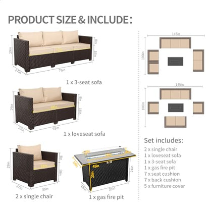 5-Piece Outdoor Patio Furniture 45 in Outdoor Fire Pits Patio Furniture Set 60000 BTU Outdoor Propane Fire Pit No-Slip Cushions Waterproof Covers, Khaki