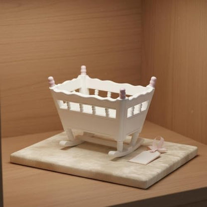 Dollhouse Cradle Miniature Rocking Bed Wooden Infant Furniture Spindle Rail Nursery Crib Realistic Design Suitable for Diorama Project Collector Display Bedroom Scene, Pink