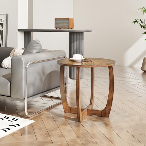 Mid Century Modern Round End Side Table Living Room, Walnut End Table Solid Wood Side Table, 23.6" Dia. Large Drum End Table Circle Nightstand Bedroom, Easy Assembly, Brown Walnut CJZ-3223