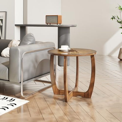 Mid Century Modern Round End Side Table Living Room, Walnut End Table Solid Wood Side Table, 23.6" Dia. Large Drum End Table Circle Nightstand Bedroom, Easy Assembly, Brown Walnut CJZ-3223