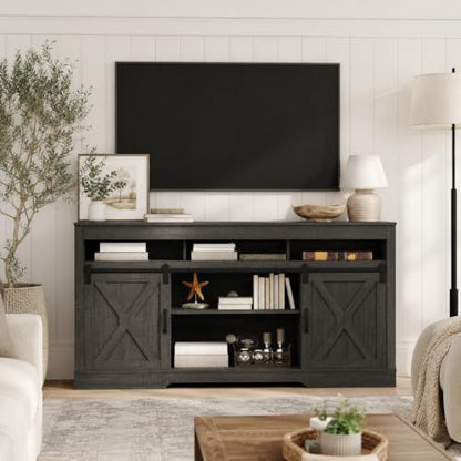 Farmhouse TV Stand with Two Barn Doors for 65+ Inch TV (Dark Grey), view 2
