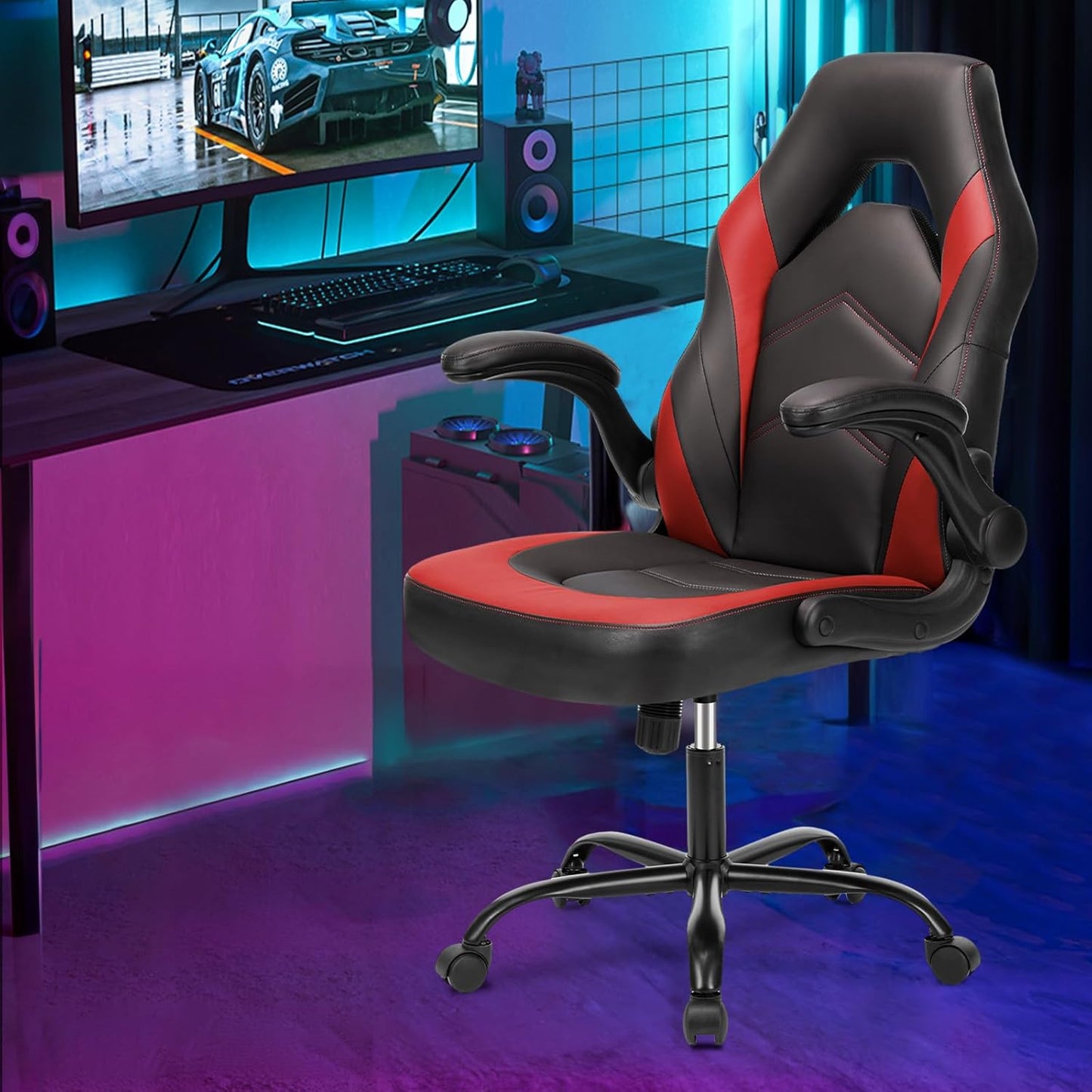 Computer Gaming Chair - PU Leather Ergonomic Lumbar Support with Flip-Up Armrest and 360° Swivel Wheels, Height Adjustable Task Home Office Desk Video Racing, Red