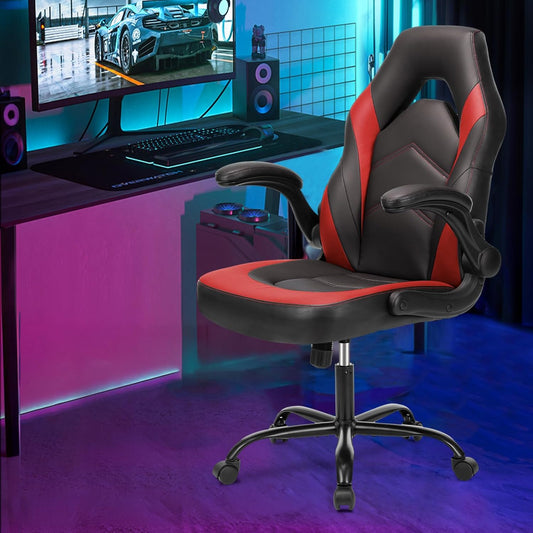 Computer Gaming Chair - PU Leather Ergonomic Lumbar Support with Flip-Up Armrest and 360° Swivel Wheels, Height Adjustable Task Home Office Desk Video Racing, Red